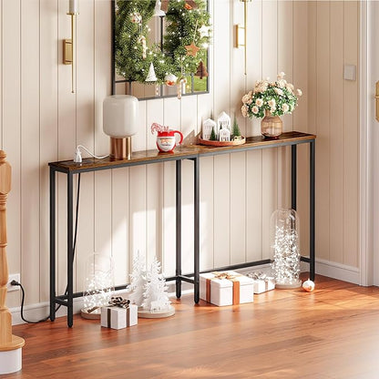 HOOBRO 63" Narrow Console Table with Charging Station, 5.9" Sofa Table with 2 Power Outlets and USB Ports, Long Entryway Tables Behind Couch Table, for Hallway, Livingroom, Rustic Brown BF165UXG01G1