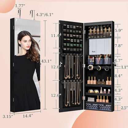 Mirror Jewelry Cabinet,Lockable Wall or Door Mounted Jewelry Armoire Organizer With Built-up Mirror,LED Lights, Drawers,Cosmetic Trays,Shelves, 14.4"x3.15"x 43.1"（Black）