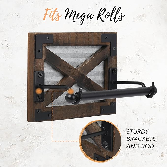 Autumn Alley Farmhouse Toilet Paper Holder with Bracket - Farmhouse Bathroom Rustic Country Decor - Rustic Bathroom Accessories Featuring Warm Brown Wood, Galvanized Metal, and Black Metal