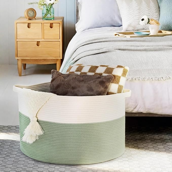 Extra Large Blanket Basket, 22" X 22" X 14" Kids Dog Toy Storage Bin Box, Nursery Baby Toddler Toy Organizer, Soft Cotton Rope Woven Bin, Large Basket for Blankets for Living Room, Green