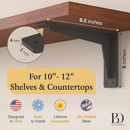 2 Pack Heavy Duty Shelf Brackets 10 Inch Mantel Decorative L Bracket for Shelves, Metal Shelf Support Bracket, Wall Mounted Granite Countertop Iron Corbels, Floating Black Shelving Brackets