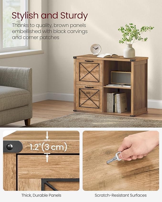 VASAGLE Lateral File Cabinet, Filing Cabinet with 2 Drawers, Printer Stand, 2 Open Compartments, Fit A4, Letter Size, Hanging File Folders, for Home Office, Farmhouse Style, Honey Brown UOFC049T41