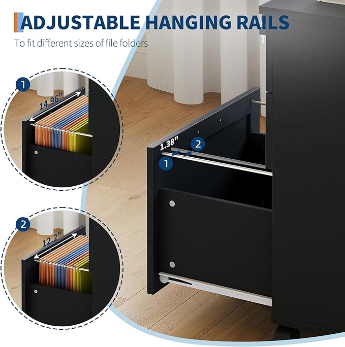 GarveeHome 3-Drawer File Cabinet with Lock, Mobile Under Desk Filing Cabinet for Home Office, Wood Storage Organizer for Letter/a4/Legal Size Documents, Black