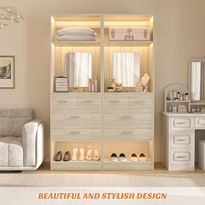 Unikito 2FT Closet System with 4 Drawers, 25 Inch Wood Closets Organizer with Storage Shelves and Mirror Design, Freestanding Sturdy Walk in Closet Tower for Bedroom, 25" W x 16" D x 80" H, White Oak