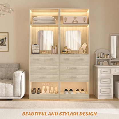 Unikito 2FT Closet System with 4 Drawers, 25 Inch Wood Closets Organizer with Storage Shelves and Mirror Design, Freestanding Sturdy Walk in Closet Tower for Bedroom, 25" W x 16" D x 80" H, White Oak