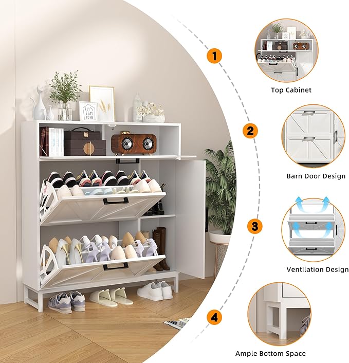 Betterhood Shoe Cabinet for Entryway with 2 Flip Drawers, Slim Freestanding Shoe Rack Organizer, Entryway Shoe Cabinet with Open Storage for Foyer and Hallway, White