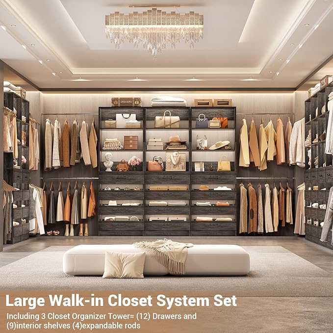 Aheaplus Closet System with 12 Drawers, 8.5-11.5Ft Wood Closet Organizer System with 4 Hanging Rods & 3 Towers, 4Ft & 6Ft L-Shaped Walk-in Closets Wardrobe Organizer Clothes Rack, Set of 3, Black Oak