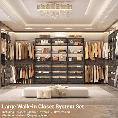 Aheaplus Closet System with 12 Drawers, 8.5-11.5Ft Wood Closet Organizer System with 4 Hanging Rods & 3 Towers, 4Ft & 6Ft L-Shaped Walk-in Closets Wardrobe Organizer Clothes Rack, Set of 3, Black Oak