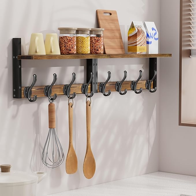33 inch Coat Rack Wall Mount with Shelf, Set of 2 Entryway Wall Shelf with Hooks, Heavy Duty Coat Hanger Wall Mount for Living Room, Bedroom, Bathroom, Rustic Brown & Black