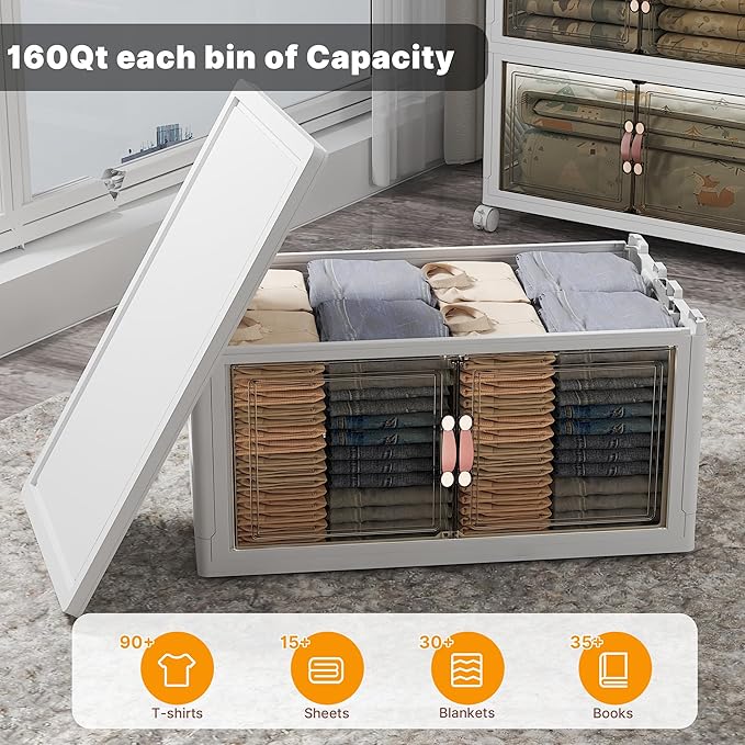 Extra Large Stackable Storage Bins with Lids & Wheels & Door,Foldable Collapsible Closet Organizers, Plastic containers drawers for bedroom Dorm (White-160QT, 1Pack with 1 top lid)