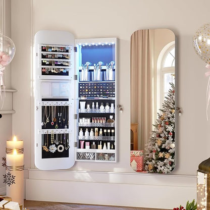 Vlsrka 6 LEDs Mirror Jewelry Cabinet Door Hanging, 47.2" Wall Mounted Jewelry Cabinet, Lockable Full Length Mirror with Storage, Rounded Corner Mirror Jewelry Organizer, 2 Drawers, White