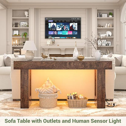 Unikito 63'' Farmhouse Console Table with Power Outlets and Sensor Light, Wooden Entryway Table with Storage, Rectangular Sofa Tables Behind The Couch for Entrance, Hallway, Living Room,