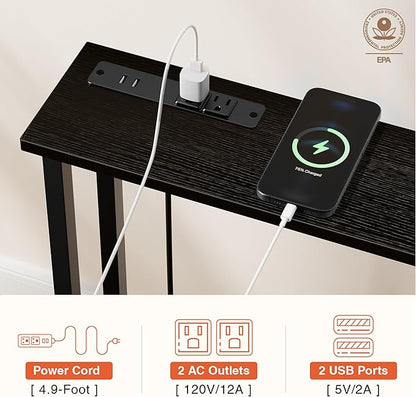 70" Narrow Console Sofa Table - 2 Power Outlets & 4 USB Ports, Metal Frame, Black, Perfect for Hallway, Office, and Behind Sofa - Easy Assembly, 4.9' Extension Cord Included