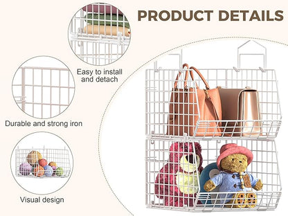 4" Extra Deeper Foldable Hanging Closet Organizer, Small Wire Cabinet Shelves and Storage with 5 S Hooks,4 Tier Metal Basket Bins for Clothes Sweaters Handbags, Wardrobe for Kitchen Laundry Room，White