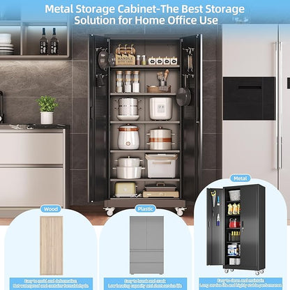 Aobabo Upgrade 71H''*32''W*16''D Metal Garage Storage Cabinet with Wheels and Pegboards, 5 Adjustable Shelves Steel Storage Cabinets for Home,Warehouse,Garage,Assembly Required,Black
