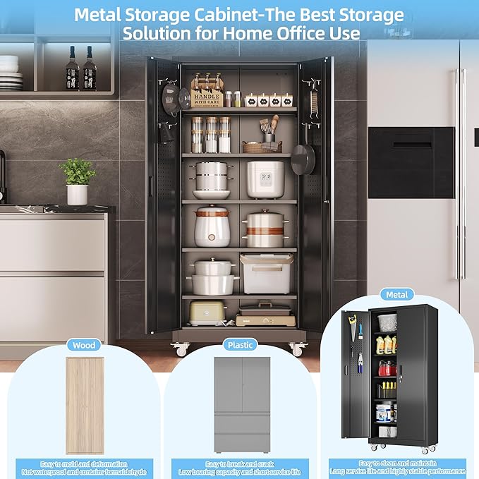 Lockable Garage Storage Cabinet with Wheels and Pegboard, 71" H Black Metal Storage Cabinet with 5 Adjustable Shelves and 4 Hooks for Garage, Home, Assembly Required, Black