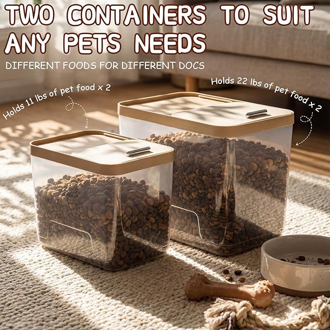 Lounsweer 4 Piece Pet Food Storage Container Dog Cat Treat Storage Container Large Airtight Rice Dispenser with Measuring Scoops for Dog Cat Bird Food Flour Kitchen Supplies(Clear,11 Lb, 22 lb)