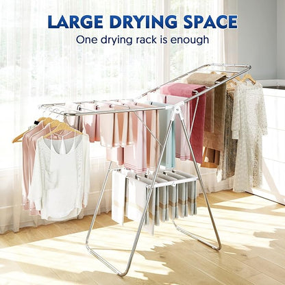APEXCHASER Clothes Drying Rack, Stainless Steel Drying Rack Clothing with Height-Adjustable, Foldable Gullwings Laundry Drying Rack, Indoor Outdoor Use, No Assembly, White