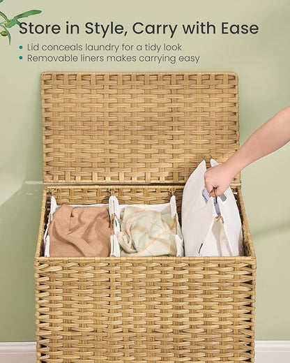 SONGMICS 3-Section Laundry Hamper with Lid, 42.2 Gal (160L) PE Rattan Laundry Basket with Removable Washable Liners, for Bedroom & Living Room, Goose Yellow ULCB223YE01