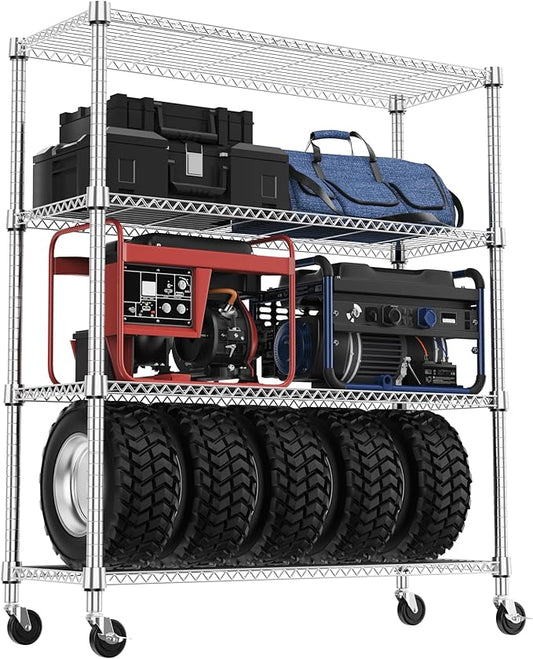 1400LBS 47.2" W 4 Tiers Storage Shelves Metal Shelving Unit with Wheels Heavy Duty Garage Shelving Adjustable Wire Shelves for Pantry,Kitchen,Garage,Basement,Chrome 17.7" D x 47.2" W x 62.6" H