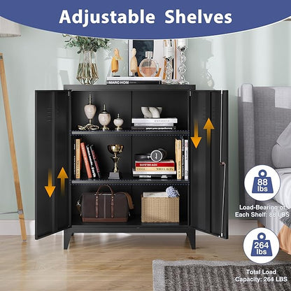Metal Storage Cabinet,Home Office Cabinet with Doors and Adjustable Shelves,Locking Cabinet with Adjustable Leg Levelers for Garage Storage Tool Cabinets(Black)