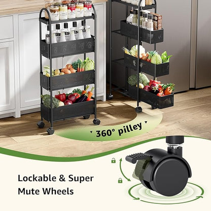 KINGRACK 4-Tier Slim Storage Cart with 3 Pull Out Basket, Rolling Bathroom Organizer Utility, Metal Shelving Unit Slide Out, Lockable Wheels, Easy Assembly for Narrow Place, Kitchen, Office, Black