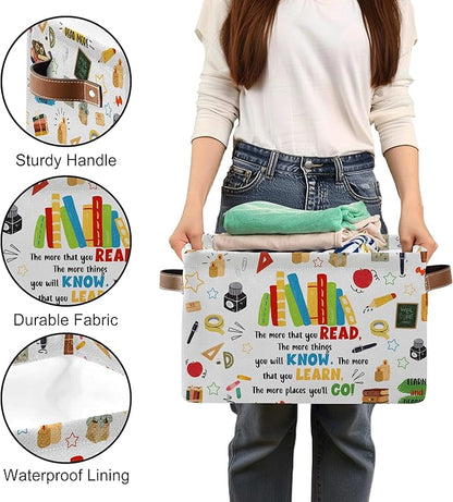 Reading Book Rectangle Storage Basket - Book Themed Collection Collapsible Storage Baskets with Handles - Reading Books Pattern Storages Bin for Kids Clothes, Gifts, Books,Toys