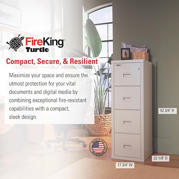FireKing Turtle Vertical 4 Drawer Legal and Letter Fire Safe File Cabinet with Key Lock, 1 Hour Fire Rated, UL Rated & Water Resistant Home Safe, Filing Cabinet, Made in The USA, Parchment