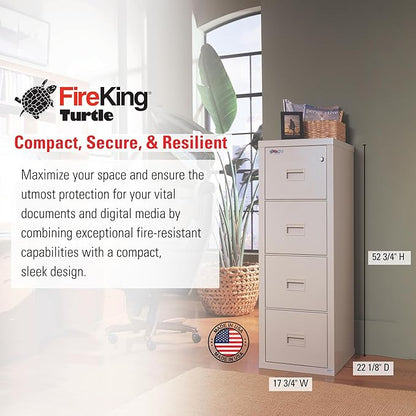FireKing Turtle Vertical 4 Drawer Legal and Letter Fire Safe File Cabinet with Key Lock, 1 Hour Fire Rated, UL Rated & Water Resistant Home Safe, Filing Cabinet, Made in The USA, Parchment