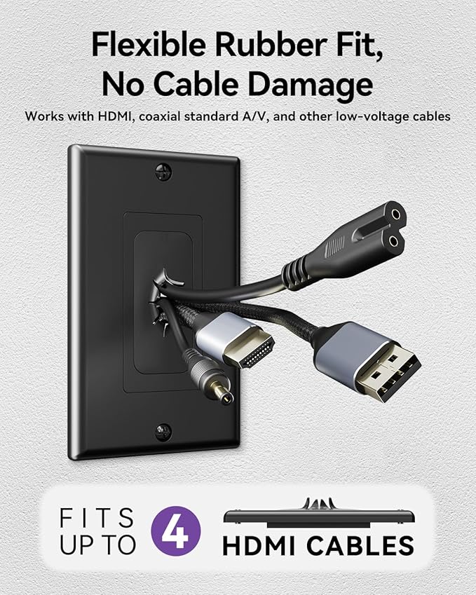 VCELINK Wall Plate Cable Pass Through with Mounting Bracket, Single Gang Black Flexible Rubber Opening Cable Outlet Cover for Low Voltage Cables, Wall Mount TV, Home Theater System, 2-Pack