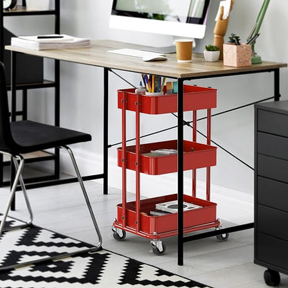 Simple Houseware 3-Tier Compact Utility Rolling Cart, Low 24” Height Fits Under Desk, Space-Saving Storage for Home Office, Dining Room, or Kitchen, Red