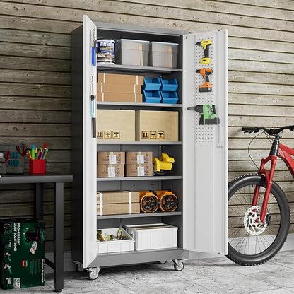 Aobabo Upgrade 71H''*32''W*16''D Metal Garage Storage Cabinet with Wheels and Pegboards, 5 Adjustable Shelves Steel Storage Cabinets for Home,Warehouse,Garage,Assembly Required,Grey and White