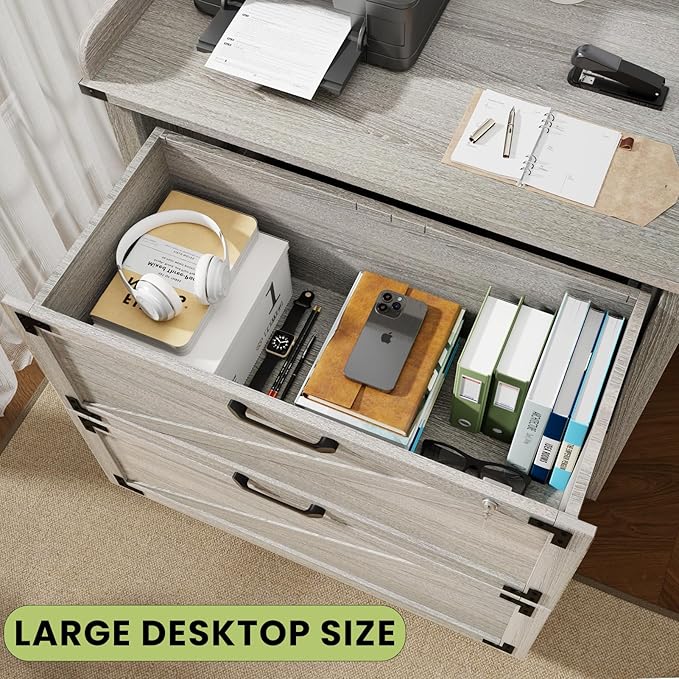 2 Drawer File Cabinet with Lock, Modern Farmhouse Filing Cabinet for Letter Files, Large Wood File Cabinets for Home Office (Grey)