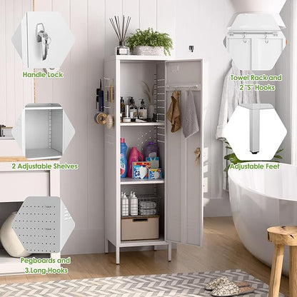 Lockable Metal Lockers with Handle,Metal Storage Locker with 2 Pegboard & 5 Hooks for Home,Office,School,White,Required Assembly,White