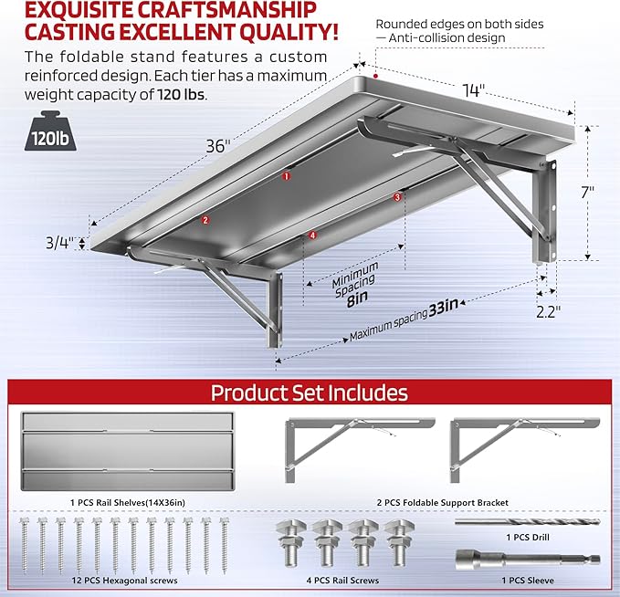 1.2x3FT Adjustable Garage Shelf Wall Mounted Fold Down Shelf Metal Heavy Duty Sliver 2Pack