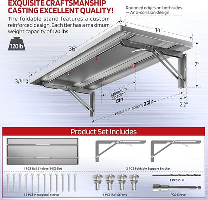 1.2x3FT Adjustable Garage Shelf Wall Mounted Fold Down Shelf Metal Heavy Duty Sliver 1Pack