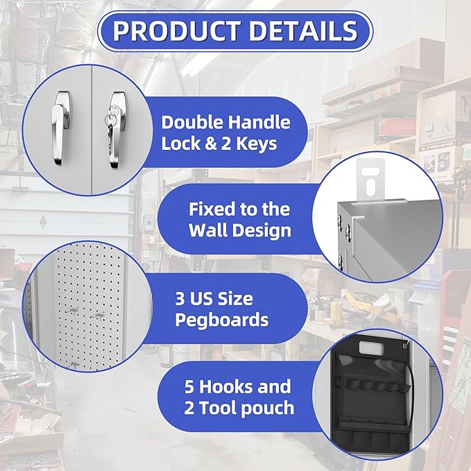 Extra Deep & Wide Metal Garage Storage Cabinet with Wheels, Magnetic Doors & Pegboard, 72" Tall Rolling Tool Organizer with 2 Tool Pouches & 4 Adjustable Shelves, Black, 43.3''W x 22''D x 72''H