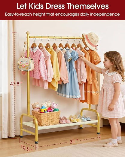 Clothes Rack - Sturdy Metal Kids Clothing Rack with Bottom Storage Shelf & Adjustable Feet, Dress Up Storage for Toddler's Bedrooms, Nurseries, Playrooms, 31" x 12.5" x 47.8", Gold