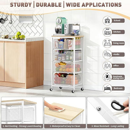 Rolling Cart with Drawers, 4-Tier Utility Cart Storage Organizer with Lockable Wheels, Metal Craft Storage Cart with Wooden Top for Kitchen, Bathroom, School, Studio, Office, Bedroom, White