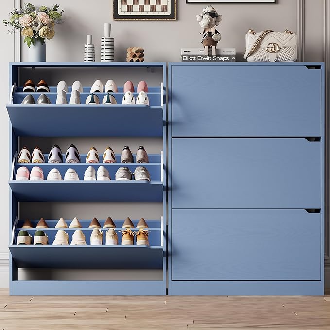 Shoe Storage Cabinet for Entryway with 3 Flip Drawers, Sturdy Wood Hidden Shoe Storage, Freestanding Narrow Slim Shoe Organizer for Front Door Entrance, Living Room, Hallway, Bedroom, Blue