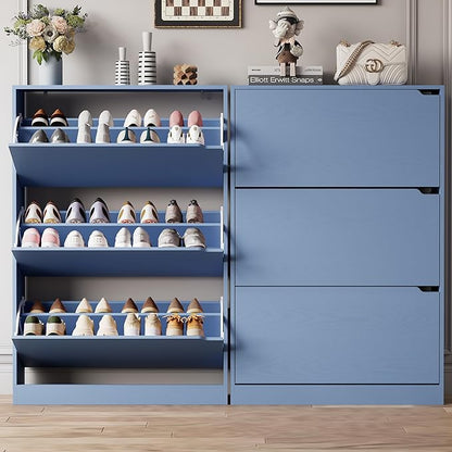 Shoe Storage Cabinet for Entryway with 3 Flip Drawers, Sturdy Wood Hidden Shoe Storage, Freestanding Narrow Slim Shoe Organizer for Front Door Entrance, Living Room, Hallway, Bedroom, Blue