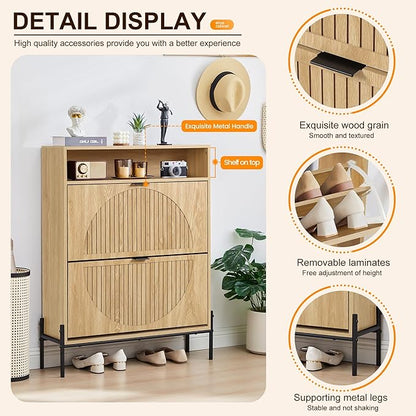 Fluted Shoe Cabinet with 2 Flip Drawers, Slim Freestanding Hidden Shoe Cabinet Organizer, Narrow Shoes Storage Rack for Entryway (All Natural-2 Drawers, 9.45" D x 31.5" W x 41.93" H)