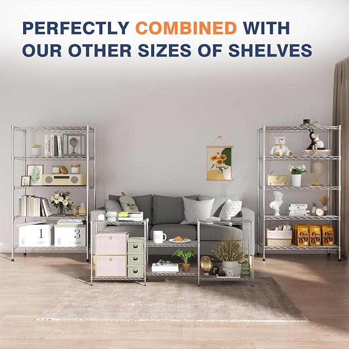 750lbs 3-Tier Wire Shelf Rack,24" Dx14 Wx22 H,Kitchen Metal 3-Shelves Rack with Lockable Wheels,Height Adjustable Wire Shelving Unit and Storage for Living Room,Laundry,Office,Pantry,Studio