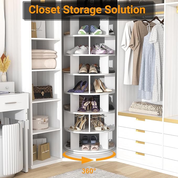 Aheaplus Rotating Shoe Rack Tower, 7-Tier Spinning Shoe Rack 360 Revolving Shoe Racks Organizer for Closet, Display Round Storage Carousel Shoes Closet Organization, White