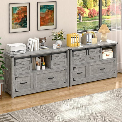 Vabches Lateral File Cabinets 2 Drawer with Sliding Barn Doors, Farmhouse Filing Cabinet with 2 Drawer for Home Office，Filing Organization Storage Cabinets for Hanging Files Letter/Legal/F4/A4