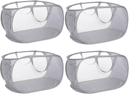 4 Pack Collapsible Laundry Baskets, Foldable Laundry Basket with Pocket, Durable Pop Up Hampers, Reinforced Handles Dirty Clothes Hamper for Laundry, Bedroom, Bathroom, Dorm, Travel or Camping Grey