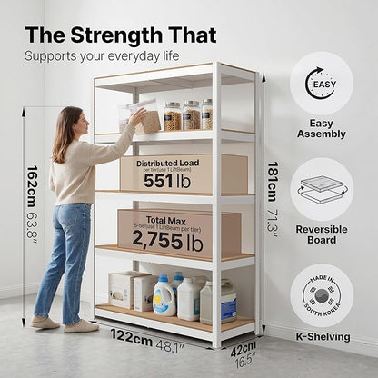 HOMEDANT House 5 Tier Heavy Duty Garage Shelving Adjustable Metal Rack Storage Shelves Standing Shelf Unit Organizers Pantry Closet Office (2, White, 48.1" W x 16.5" D)