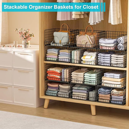 4-Tier Closet Organizers and Storage Shelves with Divider, Stackable Closet Shelf Organizer Basket Bins, Clothing Sweaters Storage Container for Wardrobe Cupboard, Black