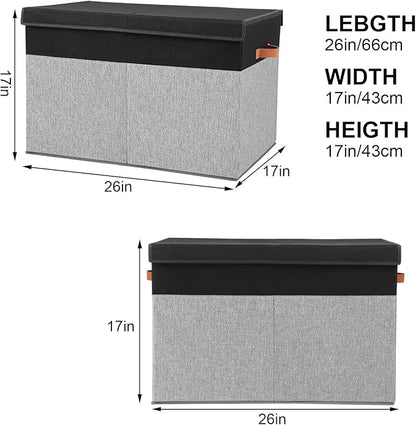 Large Toy Storage Box with Lid, Sturdy Toys Storage Chest Bin Organizer Basket with Dividers for Kids, Boys, Girls, Nursery, Closet, Bedroom, Playroom 26"x17" x17" (Black and Grey)