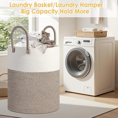 Large Woven Laundry Basket Hamper, 60L Cotton Rope Storage Basket for Blankets in Living Room, Decorative Tall Nursery Hamper for Clothes and Toys, White and Brown